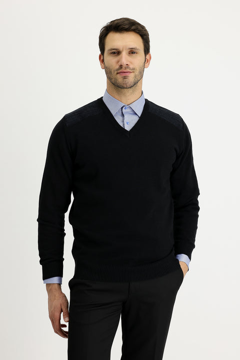 Black V-Neck Regular Fit Patterned Knit Sweater