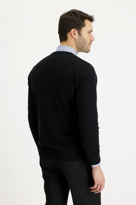 Black V-Neck Regular Fit Patterned Knit Sweater