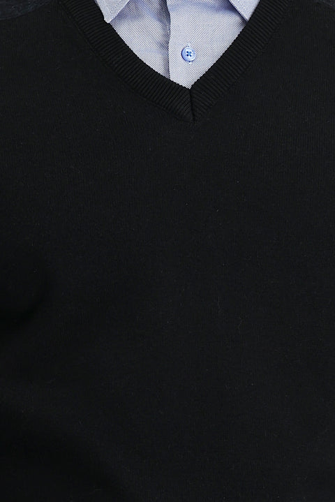Black V-Neck Regular Fit Patterned Knit Sweater