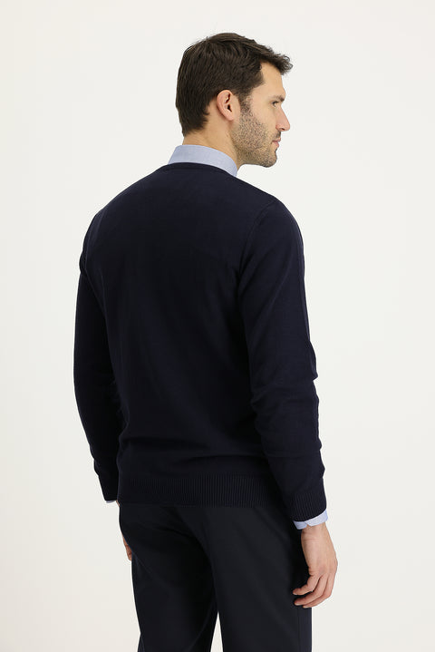 Koyu Lacivert V Yaka Regular Fit Desenli Triko Kazak
