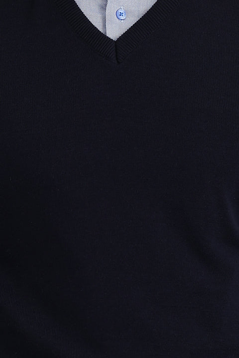Koyu Lacivert V Yaka Regular Fit Desenli Triko Kazak