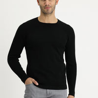 Black Crew Neck Slim Fit Patterned Cotton Knit Sweater