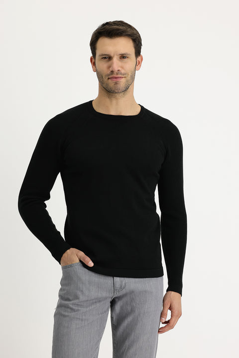 Black Crew Neck Slim Fit Patterned Cotton Knit Sweater