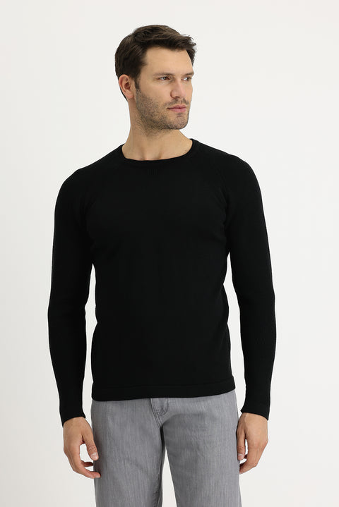 Black Crew Neck Slim Fit Patterned Cotton Knit Sweater