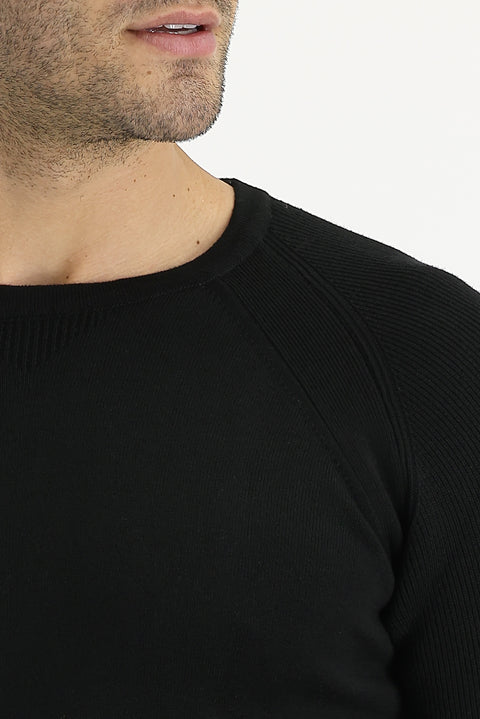 Black Crew Neck Slim Fit Patterned Cotton Knit Sweater