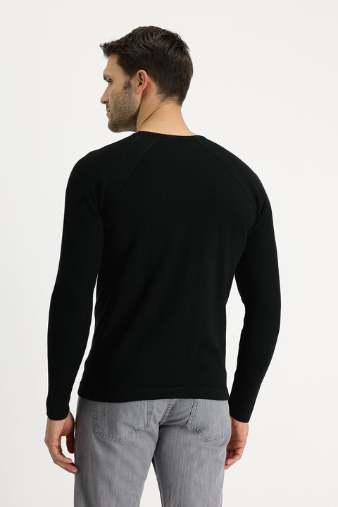 Black Crew Neck Slim Fit Patterned Cotton Knit Sweater