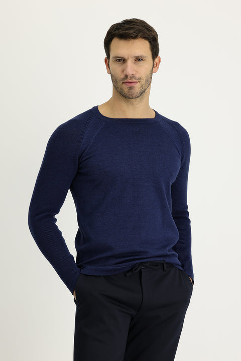 Medium Navy Crew Neck Slim Fit Patterned Cotton Knit Sweater