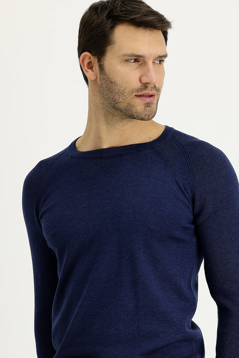 Medium Navy Crew Neck Slim Fit Patterned Cotton Knit Sweater
