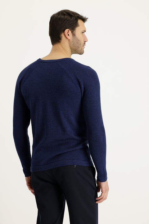 Medium Navy Crew Neck Slim Fit Patterned Cotton Knit Sweater