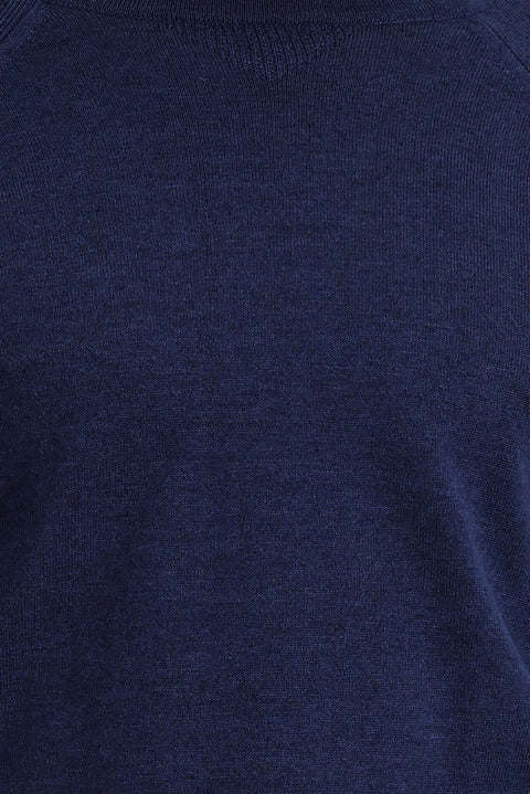 Medium Navy Crew Neck Slim Fit Patterned Cotton Knit Sweater