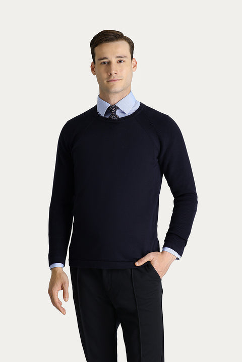 Dark Navy Crew Neck Slim Fit Patterned Cotton Knit Sweater
