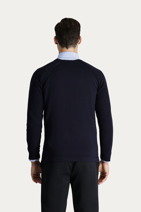 Dark Navy Crew Neck Slim Fit Patterned Cotton Knit Sweater