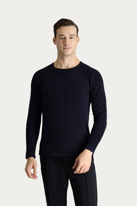 Dark Navy Crew Neck Slim Fit Patterned Cotton Knit Sweater