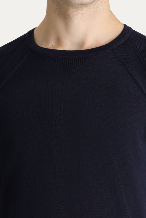 Dark Navy Crew Neck Slim Fit Patterned Cotton Knit Sweater