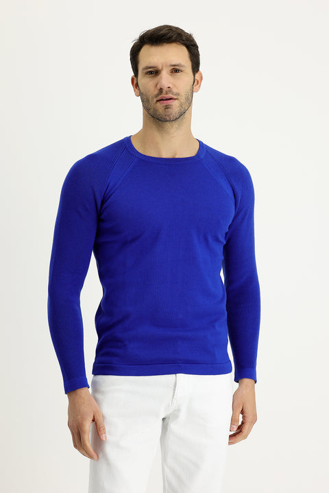 Navy Blue Crew Neck Slim Fit Patterned Cotton Knit Sweater