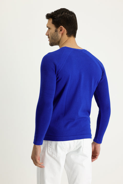 Navy Blue Crew Neck Slim Fit Patterned Cotton Knit Sweater