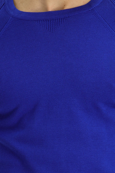 Navy Blue Crew Neck Slim Fit Patterned Cotton Knit Sweater