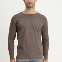 Light Brown Melange Crew Neck Slim Fit Patterned Cotton Knit Sweater
