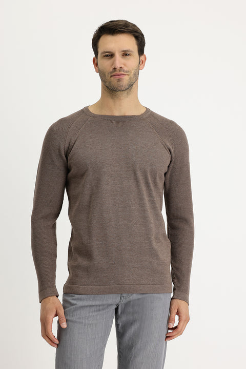 Light Brown Melange Crew Neck Slim Fit Patterned Cotton Knit Sweater