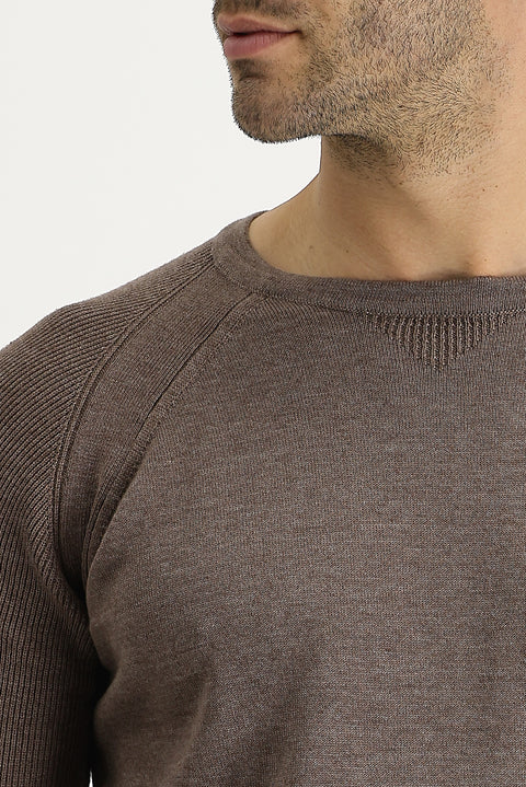Light Brown Melange Crew Neck Slim Fit Patterned Cotton Knit Sweater