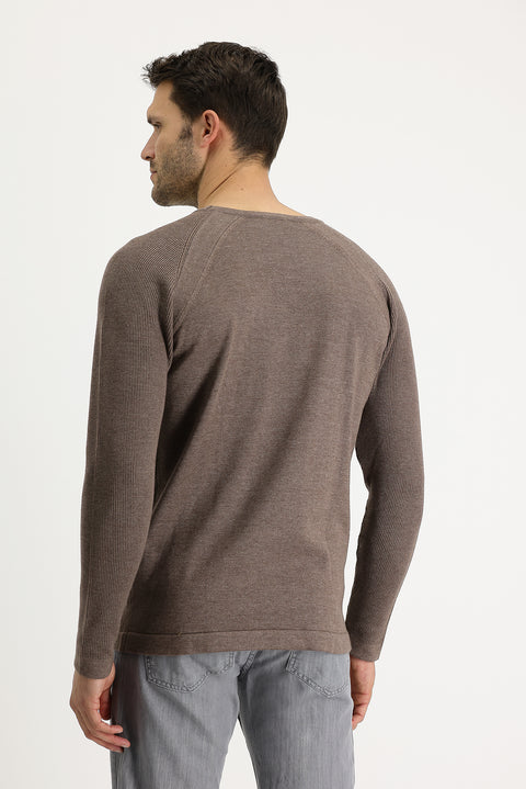 Light Brown Melange Crew Neck Slim Fit Patterned Cotton Knit Sweater