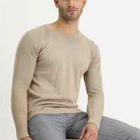 Medium Beige Crew Neck Slim Fit Patterned Cotton Knit Sweater