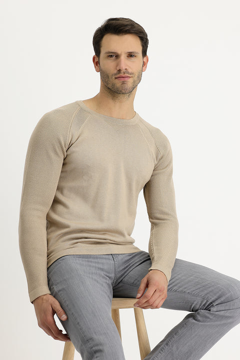 Medium Beige Crew Neck Slim Fit Patterned Cotton Knit Sweater