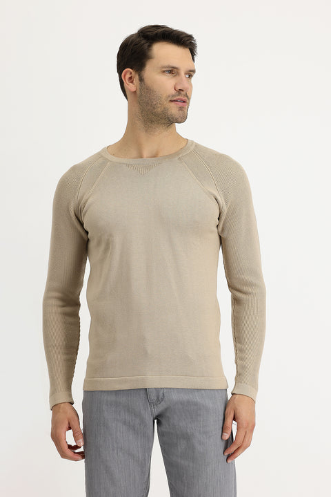 Medium Beige Crew Neck Slim Fit Patterned Cotton Knit Sweater