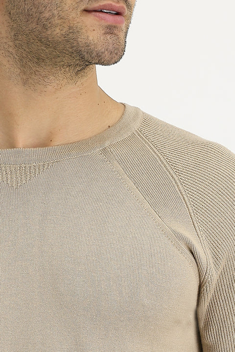 Medium Beige Crew Neck Slim Fit Patterned Cotton Knit Sweater