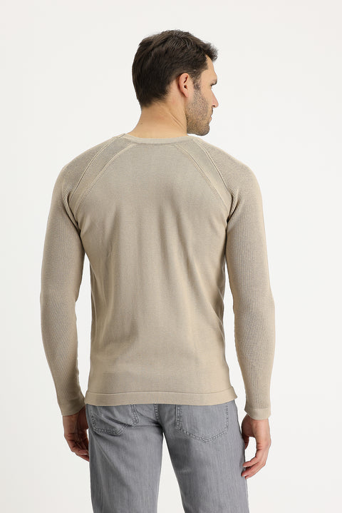 Medium Beige Crew Neck Slim Fit Patterned Cotton Knit Sweater