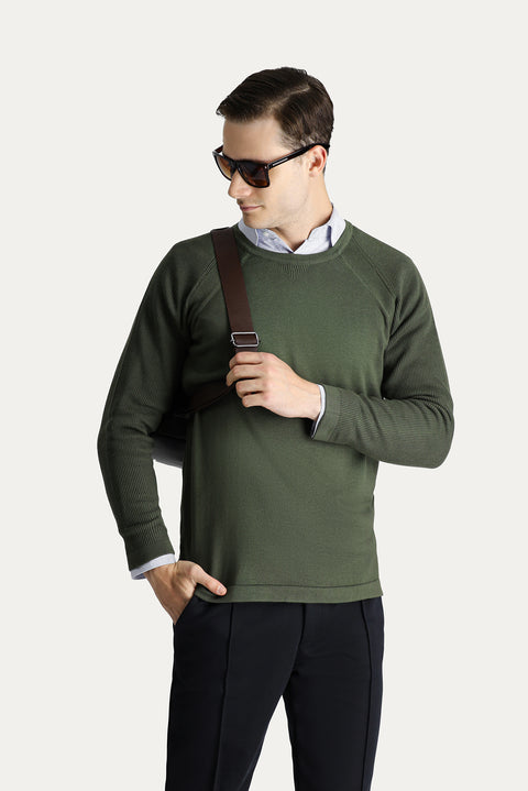 Light Khaki Crew Neck Slim Fit Patterned Cotton Knit Sweater