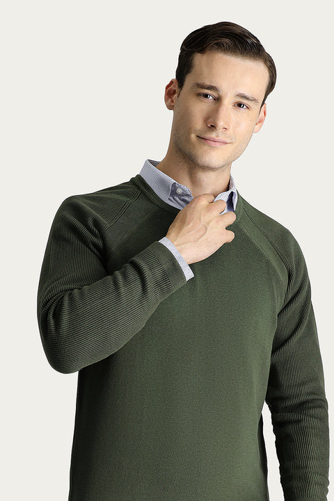 Light Khaki Crew Neck Slim Fit Patterned Cotton Knit Sweater