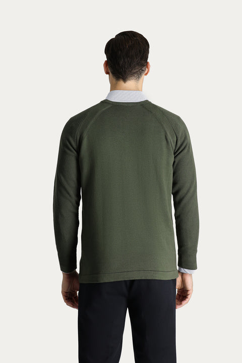 Light Khaki Crew Neck Slim Fit Patterned Cotton Knit Sweater