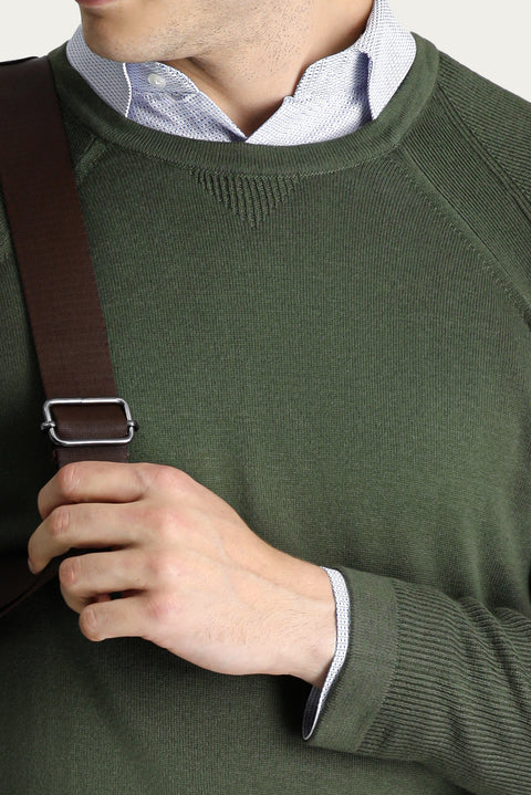 Light Khaki Crew Neck Slim Fit Patterned Cotton Knit Sweater
