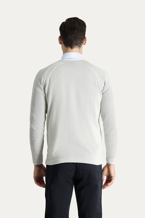 Stone Crew Neck Slim Fit Patterned Cotton Knit Sweater