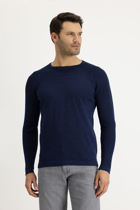 Medium Petroleum Crew Neck Slim Fit Patterned Cotton Knit Sweater