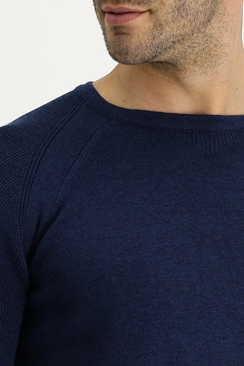 Medium Petroleum Crew Neck Slim Fit Patterned Cotton Knit Sweater