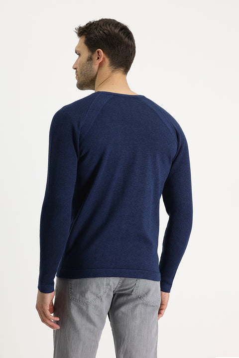 Medium Petroleum Crew Neck Slim Fit Patterned Cotton Knit Sweater