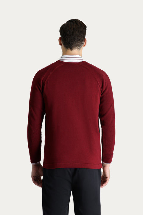 Açık Bordo Bisiklet Yaka Slim Fit Desenli Pamuklu Triko Kazak