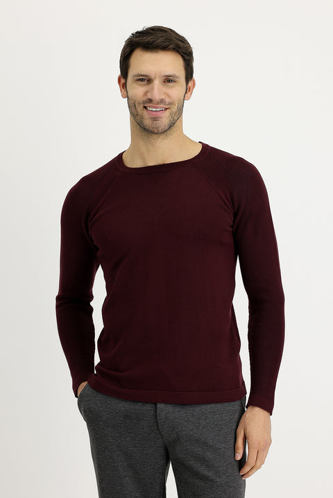 Koyu Bordo Bisiklet Yaka Slim Fit Desenli Pamuklu Triko Kazak