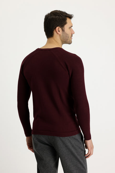 Koyu Bordo Bisiklet Yaka Slim Fit Desenli Pamuklu Triko Kazak