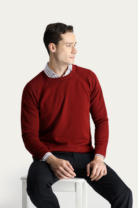 Tile-colored Crew Neck Slim Fit Patterned Cotton Knit Sweater