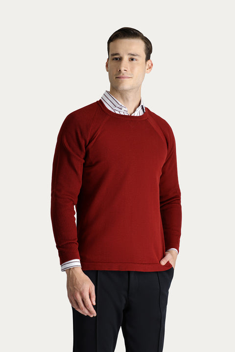 Tile-colored Crew Neck Slim Fit Patterned Cotton Knit Sweater