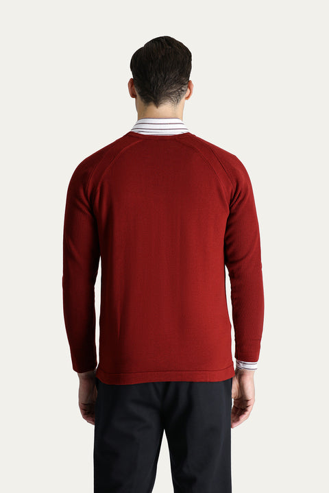 Tile-colored Crew Neck Slim Fit Patterned Cotton Knit Sweater