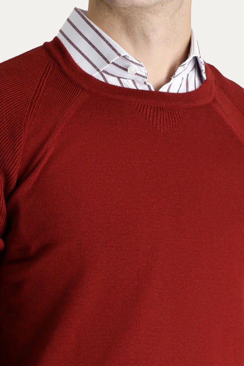 Tile-colored Crew Neck Slim Fit Patterned Cotton Knit Sweater