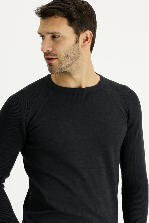 Medium Anthracite Crew Neck Slim Fit Patterned Cotton Knit Sweater
