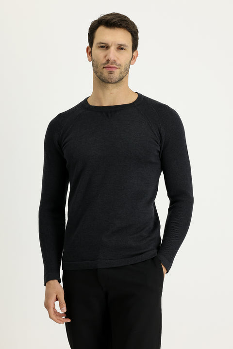 Medium Anthracite Crew Neck Slim Fit Patterned Cotton Knit Sweater