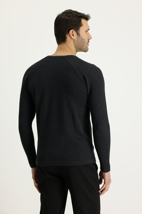 Medium Anthracite Crew Neck Slim Fit Patterned Cotton Knit Sweater