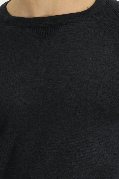Medium Anthracite Crew Neck Slim Fit Patterned Cotton Knit Sweater