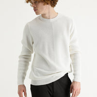Off-white crew neck slim fit patterned cotton knit sweater.